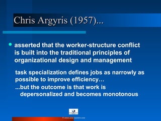  asserted that the worker-structure conflict
is built into the traditional principles of
organizational design and management
task specialization defines jobs as narrowly as
possible to improve efficiency…
Chris Argyris (1957)...Chris Argyris (1957)...
...but the outcome is that work is
depersonalized and becomes monotonous
© www.asia-masters.com
 