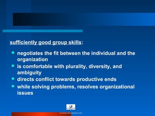  negotiates the fit between the individual and the
organization
sufficiently good group skills:
 is comfortable with plurality, diversity, and
ambiguity
 directs conflict towards productive ends
 while solving problems, resolves organizational
issues
© www.asia-masters.com
 