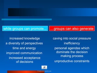 while groups can promote... …groups can also generate
increased knowledge
a diversity of perspectives
time and energy
improved communication
increased acceptance
of decisions
caving into social pressure
inefficiency
personal agendas which
dominate the decision
making process
unproductive constraints
© www.asia-masters.com
 
