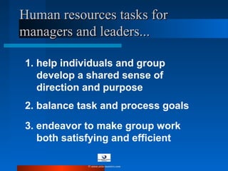 Human resources tasks forHuman resources tasks for
managers and leaders...managers and leaders...
1. help individuals and group
develop a shared sense of
direction and purpose
2. balance task and process goals
3. endeavor to make group work
both satisfying and efficient
© www.asia-masters.com
 