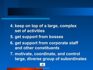4. keep on top of a large, complex
set of activities
5. get support from bosses
6. get support from corporate staff
and other constituents
7. motivate, coordinate, and control
large, diverse group of subordinates
© www.asia-masters.com
 