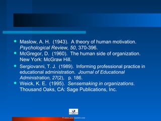  Maslow, A. H. (1943). A theory of human motivation.
Psychological Review, 50, 370-396.
 McGregor, D. (1960). The human side of organization.
New York: McGraw Hill.
 Sergiovanni, T. J. (1989). Informing professional practice in
educational administration. Journal of Educational
Administration, 27(2), p. 186.
 Weick, K. E. (1995). Sensemaking in organizations.
Thousand Oaks, CA: Sage Publications, Inc.
© www.asia-masters.com
 