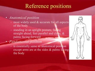 Reference positions Anatomical position most widely used & accurate for all aspects of the body standing in an upright posture, facing straight ahead, feet parallel and close, & palms facing forward Fundamental position is essentially same as anatomical position except arms are at the sides & palms facing the body 