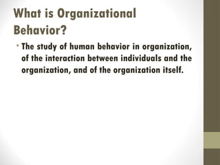 What is Organizational
Behavior?
• The study of human behavior in organization,
of the interaction between individuals and the
organization, and of the organization itself.
 