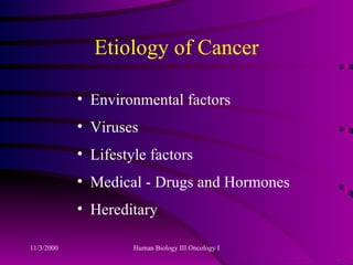 Etiology of Cancer Environmental factors Viruses Lifestyle factors Medical - Drugs and Hormones Hereditary 