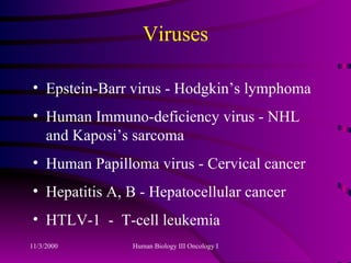 Viruses Epstein-Barr virus - Hodgkin’s lymphoma Human Immuno-deficiency virus - NHL and Kaposi’s sarcoma Human Papilloma virus - Cervical cancer Hepatitis A, B - Hepatocellular cancer HTLV-1  -  T-cell leukemia 