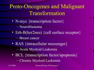 Proto-Oncogenes and Malignant Transformation N-myc {transcription factor} Neuroblastoma Erb-B(her2neu) {cell surface receptor} Breast cancer RAS {intracellular messenger} Acute Myeloid Leukemia BCL {transcription factor/apoptosis} Chronic Myeloid Leukemia 