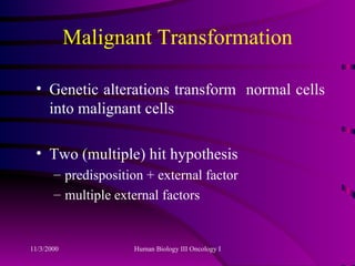 Malignant Transformation Genetic alterations transform  normal cells into malignant cells Two (multiple) hit hypothesis predisposition + external factor multiple external factors 