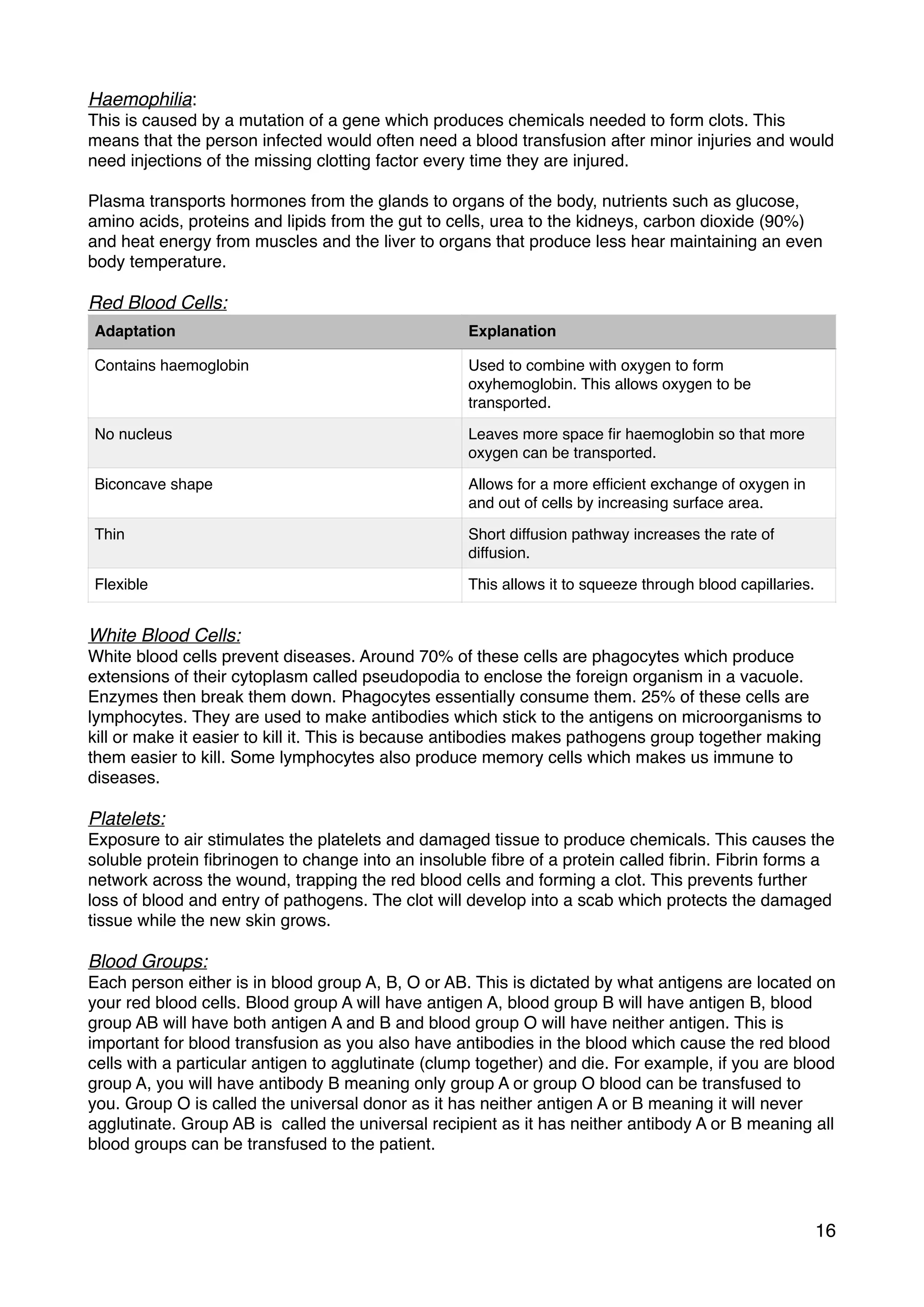 Haemophilia:
This is caused by a mutation of a gene which produces chemicals needed to form clots. This
means that the person infected would often need a blood transfusion after minor injuries and would
need injections of the missing clotting factor every time they are injured.
Plasma transports hormones from the glands to organs of the body, nutrients such as glucose,
amino acids, proteins and lipids from the gut to cells, urea to the kidneys, carbon dioxide (90%)
and heat energy from muscles and the liver to organs that produce less hear maintaining an even
body temperature.
Red Blood Cells:
White Blood Cells:
White blood cells prevent diseases. Around 70% of these cells are phagocytes which produce
extensions of their cytoplasm called pseudopodia to enclose the foreign organism in a vacuole.
Enzymes then break them down. Phagocytes essentially consume them. 25% of these cells are
lymphocytes. They are used to make antibodies which stick to the antigens on microorganisms to
kill or make it easier to kill it. This is because antibodies makes pathogens group together making
them easier to kill. Some lymphocytes also produce memory cells which makes us immune to
diseases.
Platelets:
Exposure to air stimulates the platelets and damaged tissue to produce chemicals. This causes the
soluble protein ﬁbrinogen to change into an insoluble ﬁbre of a protein called ﬁbrin. Fibrin forms a
network across the wound, trapping the red blood cells and forming a clot. This prevents further
loss of blood and entry of pathogens. The clot will develop into a scab which protects the damaged
tissue while the new skin grows.
Blood Groups: 
Each person either is in blood group A, B, O or AB. This is dictated by what antigens are located on
your red blood cells. Blood group A will have antigen A, blood group B will have antigen B, blood
group AB will have both antigen A and B and blood group O will have neither antigen. This is
important for blood transfusion as you also have antibodies in the blood which cause the red blood
cells with a particular antigen to agglutinate (clump together) and die. For example, if you are blood
group A, you will have antibody B meaning only group A or group O blood can be transfused to
you. Group O is called the universal donor as it has neither antigen A or B meaning it will never
agglutinate. Group AB is called the universal recipient as it has neither antibody A or B meaning all
blood groups can be transfused to the patient.
Adaptation Explanation
Contains haemoglobin Used to combine with oxygen to form
oxyhemoglobin. This allows oxygen to be
transported.
No nucleus Leaves more space ﬁr haemoglobin so that more
oxygen can be transported.
Biconcave shape Allows for a more efﬁcient exchange of oxygen in
and out of cells by increasing surface area.
Thin Short diffusion pathway increases the rate of
diffusion.
Flexible This allows it to squeeze through blood capillaries.
16
 