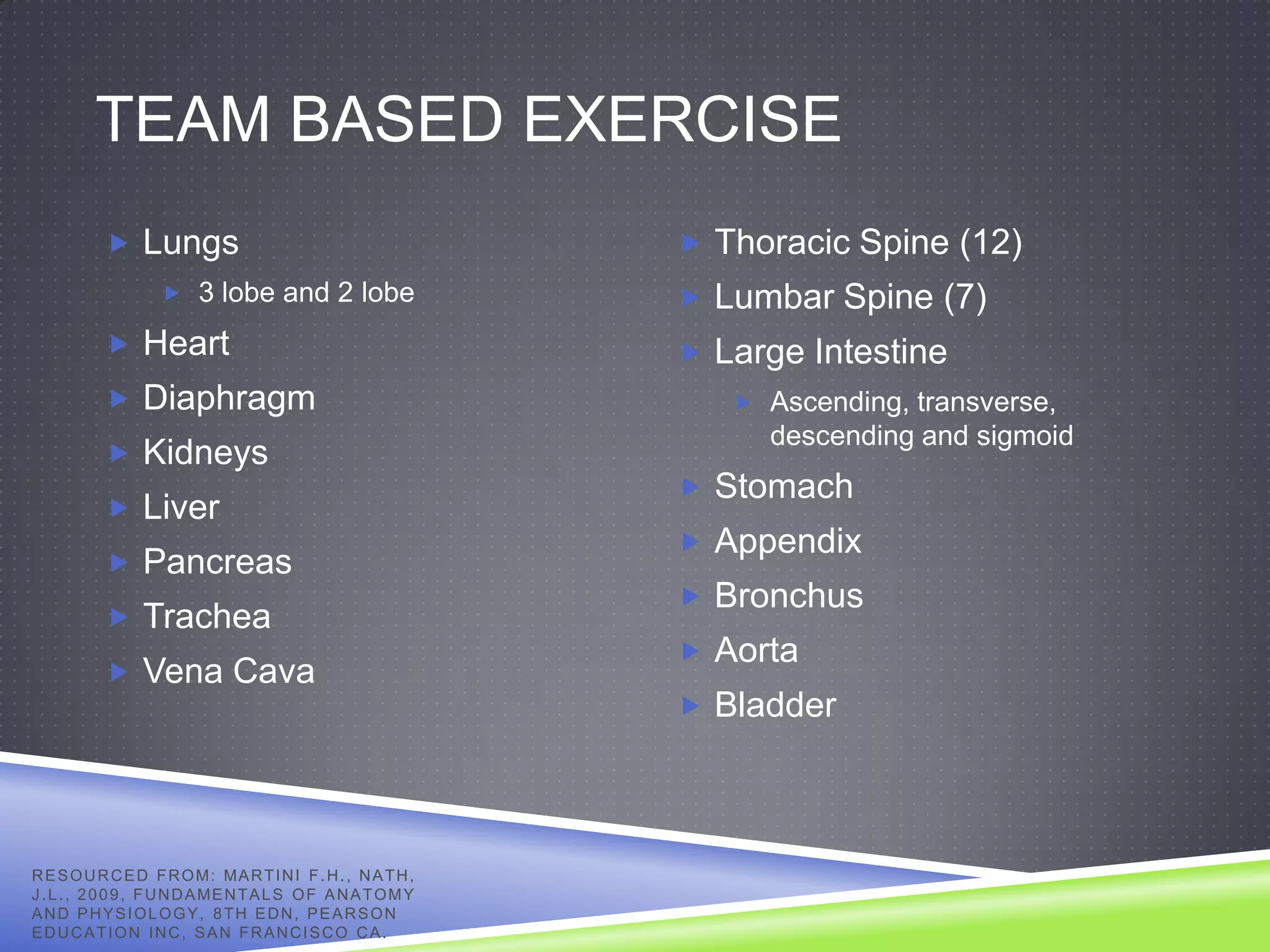 TEAM BASED EXERCISE
            Lungs                                              Thoracic Spine (12)
                     3 lobe and 2 lobe                         Lumbar Spine (7)
            Heart                                              Large Intestine
            Diaphragm                                             Ascending, transverse,
                                                                    descending and sigmoid
            Kidneys
                                                                Stomach
            Liver
                                                                Appendix
            Pancreas
                                                                Bronchus
            Trachea
                                                                Aorta
            Vena Cava
                                                                Bladder




R E S O U R C E D F R O M: MA R T I N I F . H . , N A T H ,
J . L . , 2 0 0 9 , F U N D A ME N T A L S O F A N A T O M Y
AND PHYSIOLOGY, 8TH EDN, PEARSON
EDUCATION INC, SAN FRANCISCO CA.
 