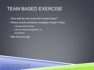 TEAM BASED EXERCISE
            How well do you know the human body?
            Where would someone complain of pain if they:
                     ruptured their kidney,
                     had an inflamed appendix, or
                     bronchitis?

            See how you go!




R E S O U R C E D F R O M: MA R T I N I F . H . , N A T H ,
J . L . , 2 0 0 9 , F U N D A ME N T A L S O F A N A T O M Y
AND PHYSIOLOGY, 8TH EDN, PEARSON
EDUCATION INC, SAN FRANCISCO CA.
 