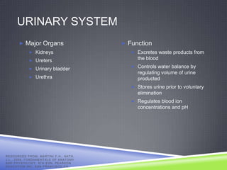 URINARY SYSTEM
            Major Organs                                       Function
                     Kidneys                                      Excretes waste products from
                     Ureters
                                                                     the blood
                                                                   Controls water balance by
                     Urinary bladder
                                                                     regulating volume of urine
                     Urethra                                        producted
                                                                   Stores urine prior to voluntary
                                                                     elimination
                                                                   Regulates blood ion
                                                                     concentrations and pH




R E S O U R C E D F R O M: MA R T I N I F . H . , N A T H ,
J . L . , 2 0 0 9 , F U N D A ME N T A L S O F A N A T O M Y
AND PHYSIOLOGY, 8TH EDN, PEARSON
EDUCATION INC, SAN FRANCISCO CA.
 