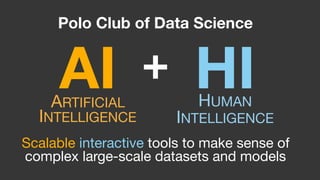 AI HI+
HUMAN  
INTELLIGENCE
ARTIFICIAL  
INTELLIGENCE
Scalable interactive tools to make sense of  
complex large-scale datasets and models
Polo Club of Data Science
 