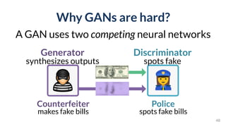 Why GANs are hard?
A GAN uses two competing neural networks
48
Discriminator 
spots fake
Police 
spots fake bills
Generator 
synthesizes outputs
Counterfeiter 
makes fake bills
 