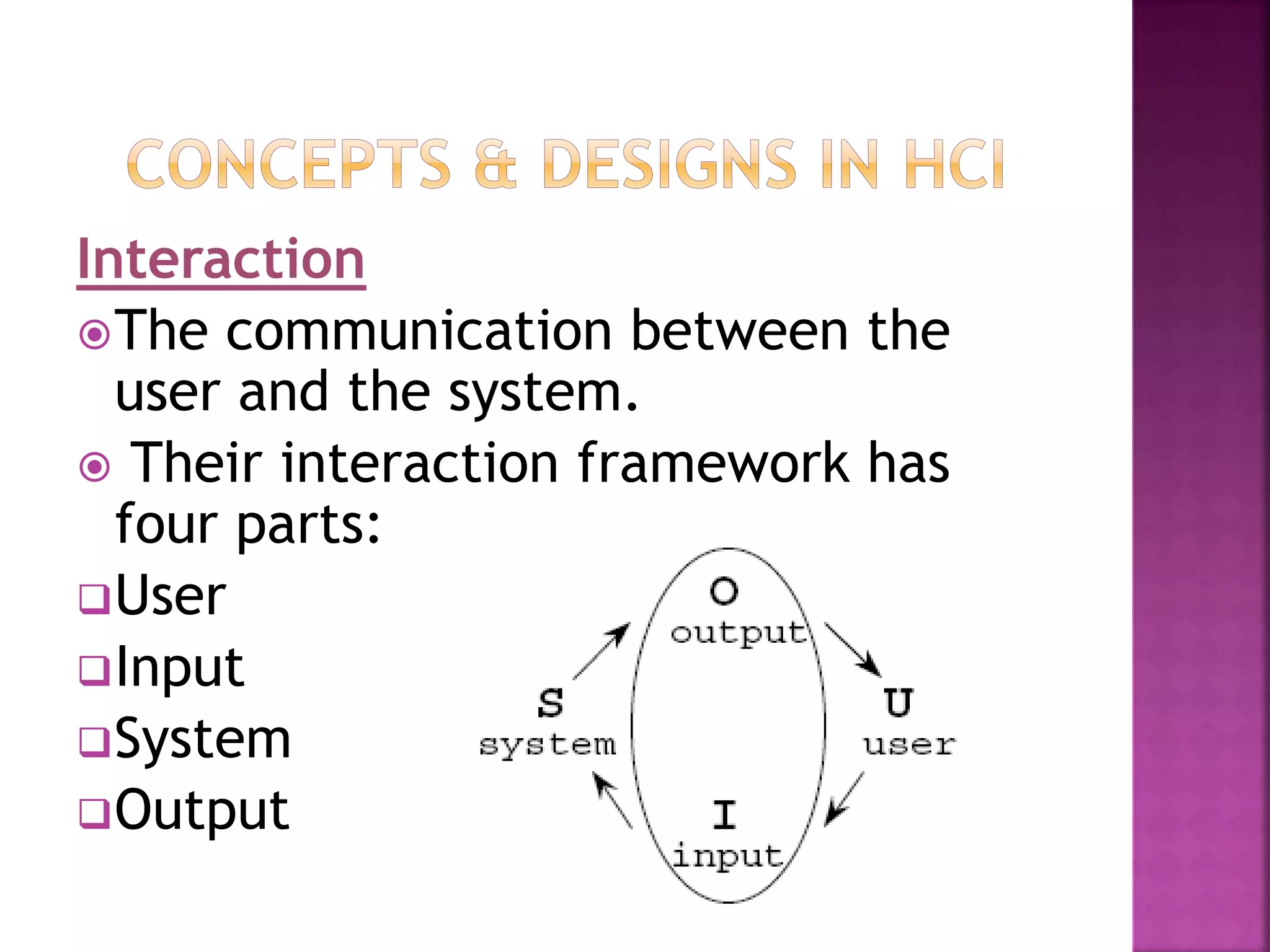 Interaction
The communication between the
user and the system.
 Their interaction framework has
four parts:
User
Input
System
Output
 