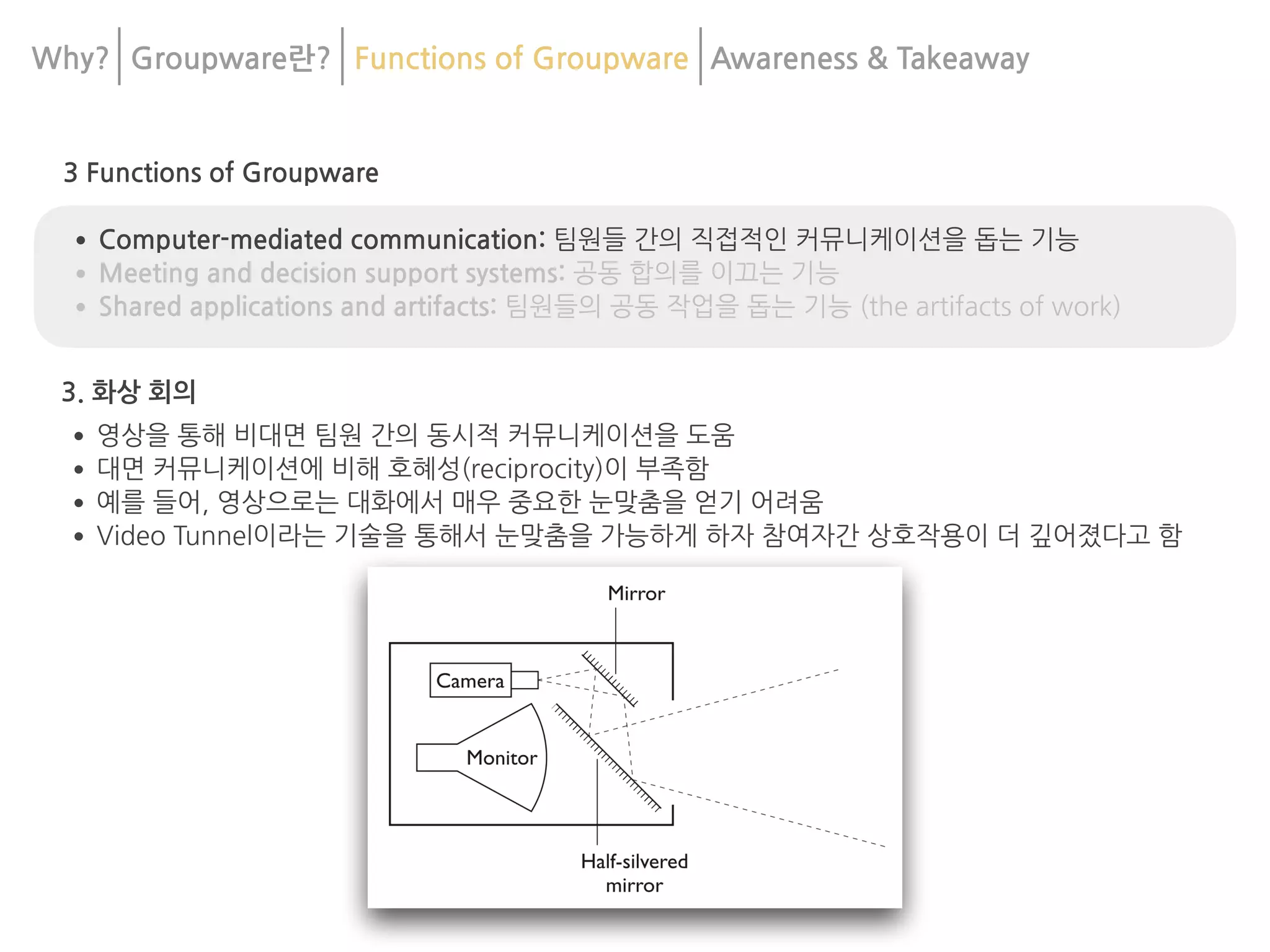 3 Functions of Groupware
•Computer-mediated communication: 팀원들 간의 직접적인 커뮤니케이션을 돕는 기능
•Meeting and decision support systems: 공동 합의를 이끄는 기능
•Shared applications and artifacts: 팀원들의 공동 작업을 돕는 기능 (the artifacts of work)
3. 화상 회의
•영상을 통해 비대면 팀원 간의 동시적 커뮤니케이션을 도움
•대면 커뮤니케이션에 비해 호혜성(reciprocity)이 부족함
•예를 들어, 영상으로는 대화에서 매우 중요한 눈맞춤을 얻기 어려움
•Video Tunnel이라는 기술을 통해서 눈맞춤을 가능하게 하자 참여자간 상호작용이 더 깊어졌다고 함
Why? Groupware란? Functions of Groupware Awareness & 	
Takeaway
 