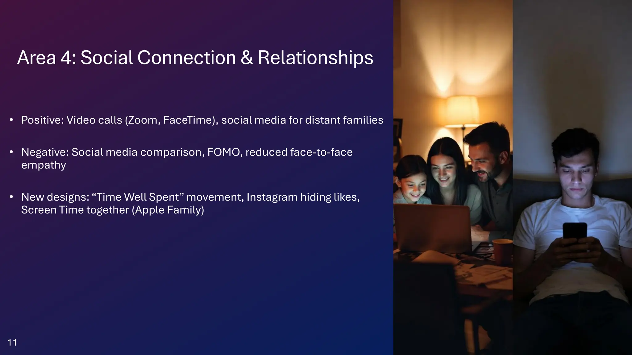 Area 4: Social Connection & Relationships
• Positive: Video calls (Zoom, FaceTime), social media for distant families
• Negative: Social media comparison, FOMO, reduced face-to-face
empathy
• New designs:“Time Well Spent” movement, Instagram hiding likes,
Screen Time together (Apple Family)
11
 