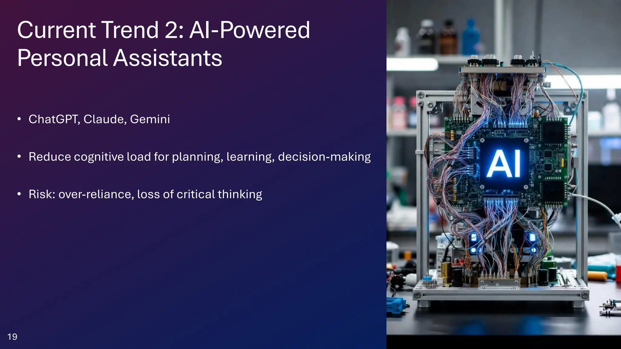 Current Trend 2: AI-Powered
Personal Assistants
• ChatGPT, Claude, Gemini
• Reduce cognitive load for planning, learning, decision-making
• Risk: over-reliance, loss of critical thinking
19
 