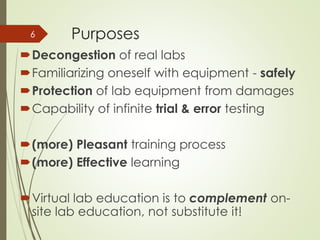 Purposes
Decongestion of real labs
Familiarizing oneself with equipment - safely
Protection of lab equipment from damag...