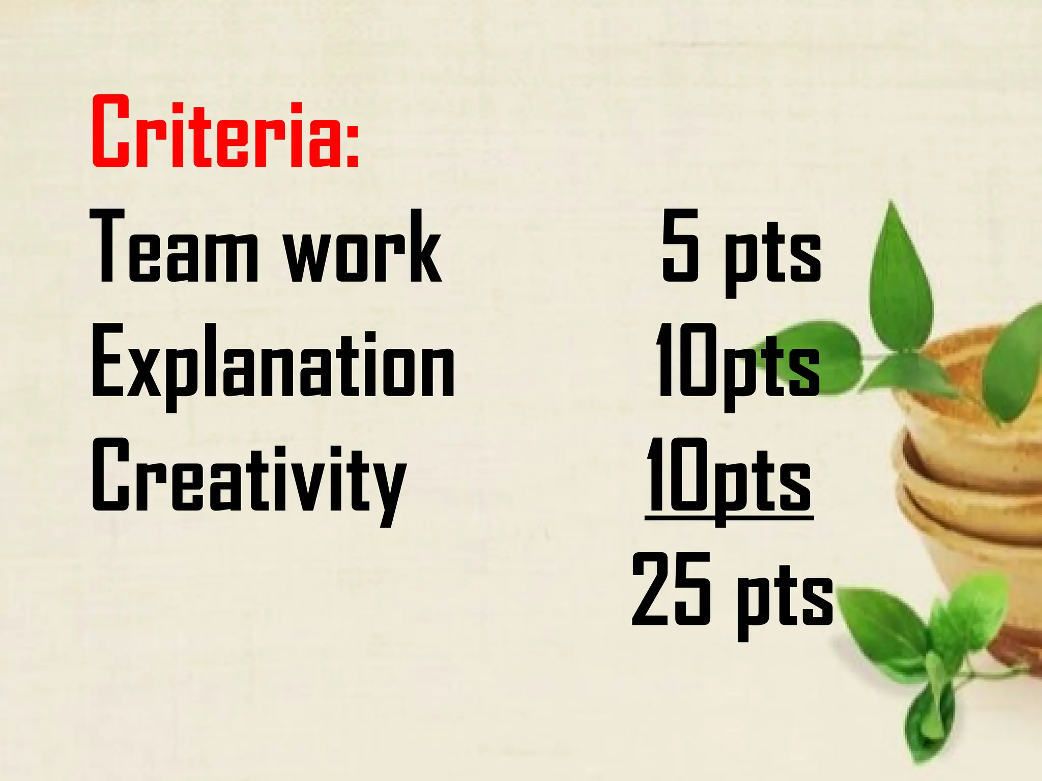 Criteria:
Team work 5 pts
Explanation 10pts
Creativity 10pts
25 pts
 