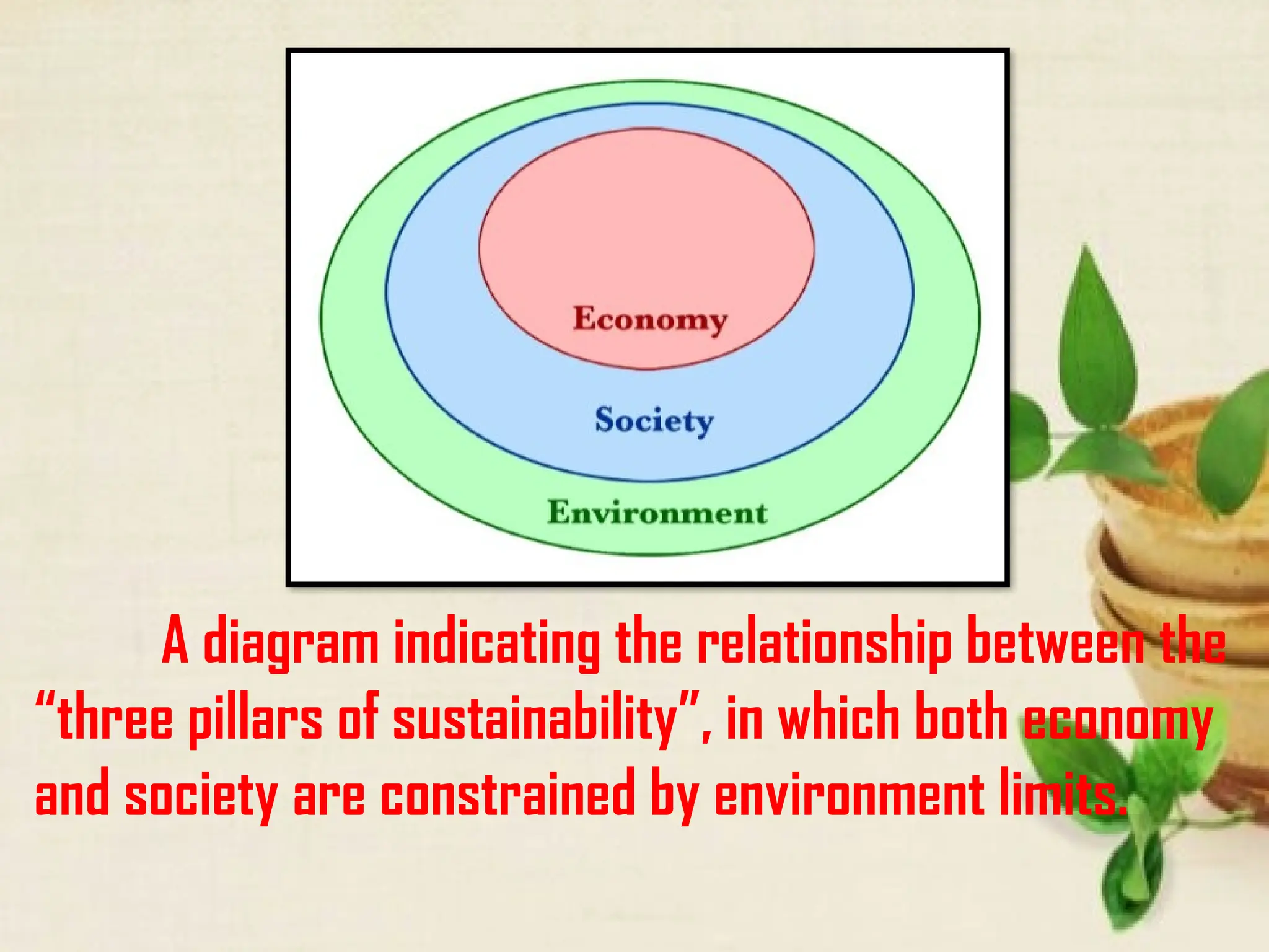 A diagram indicating the relationship between the
“three pillars of sustainability”, in which both economy
and society are constrained by environment limits.
 