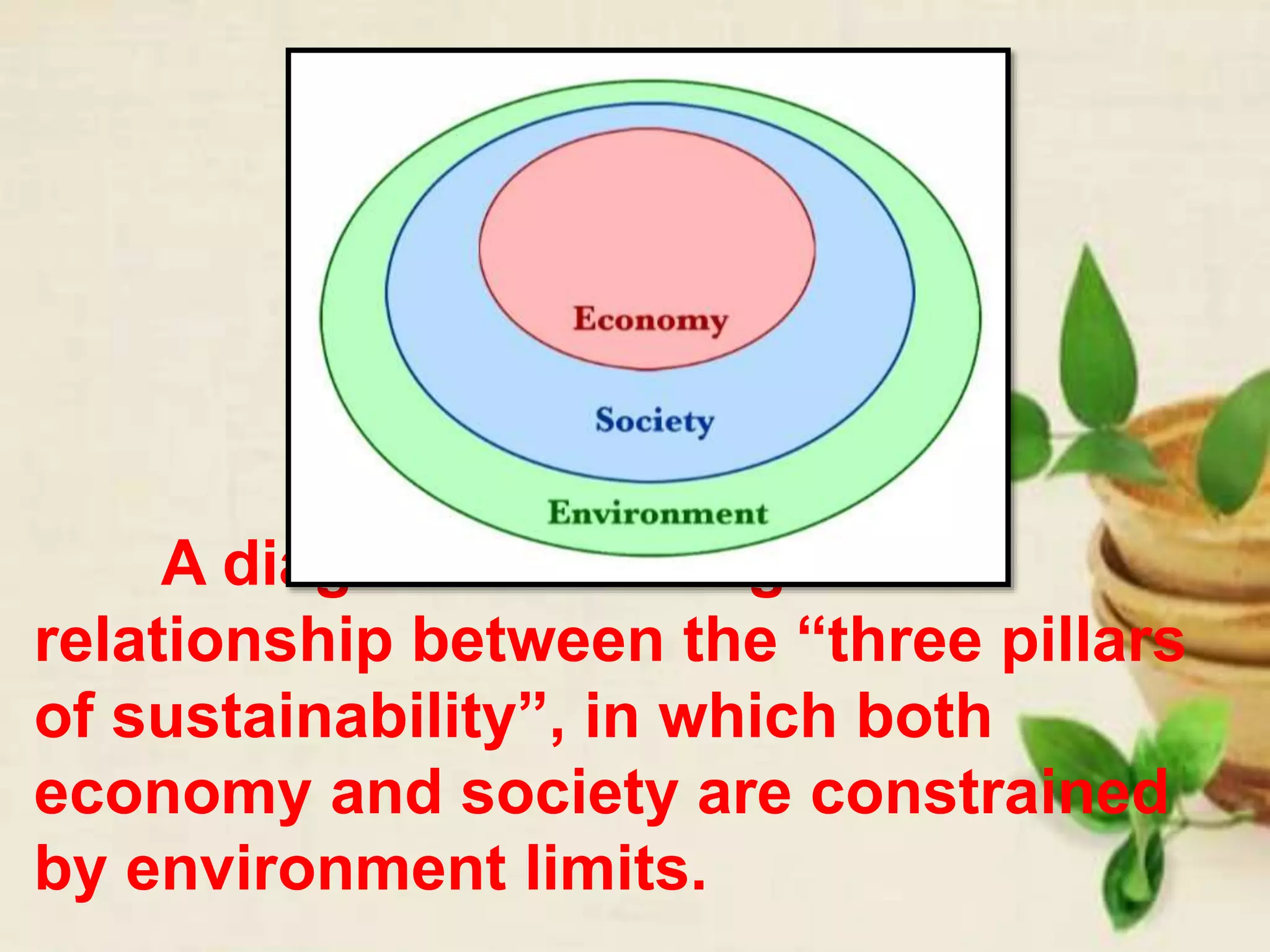A diagram indicating the
relationship between the “three pillars
of sustainability”, in which both
economy and society are constrained
by environment limits.
 