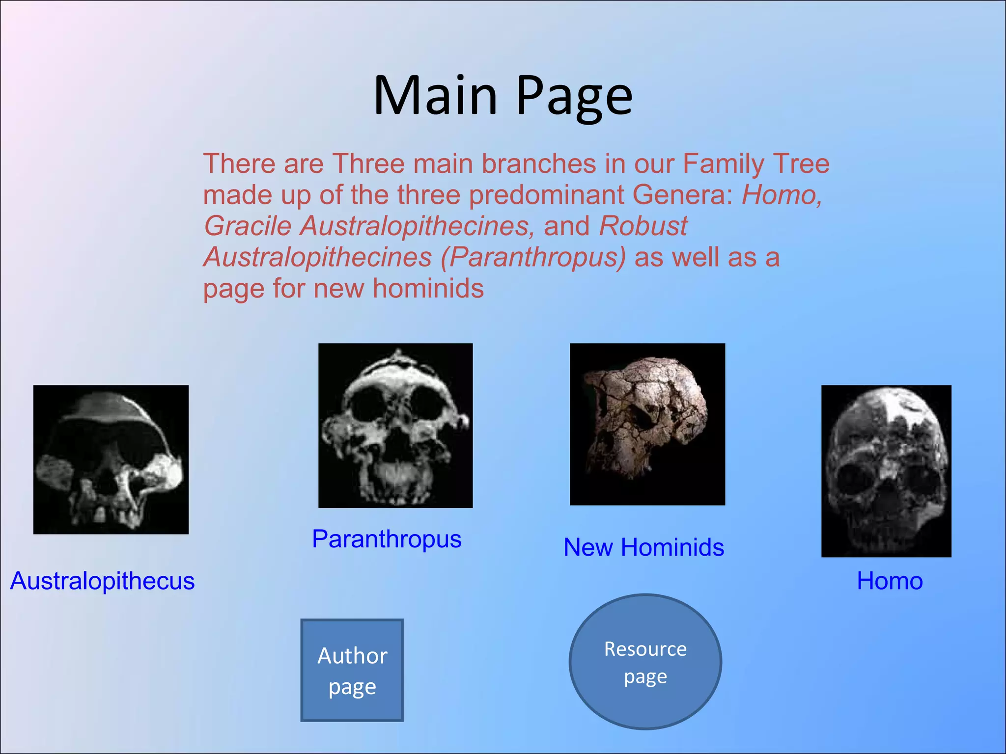 Main Page There are Three main branches in our Family Tree made up of the three predominant Genera:  Homo, Gracile Australopithecines,  and  Robust Australopithecines (Paranthropus)  as well as a page for new hominids Paranthropus Homo Australopithecus New Hominids Author page Resource page 