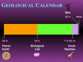 G EOLOGICAL  C ALENDAR 24 h Planet Earth 1 h 43 m Great Reptiles Man 43 s Now 14 h  Biological Life 