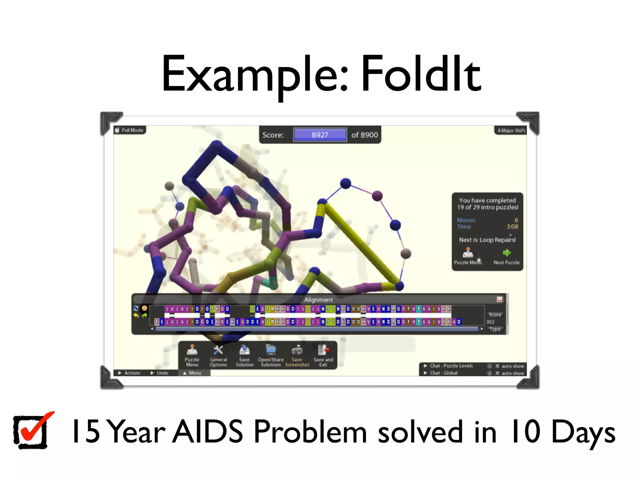 Example: FoldIt




15 Year AIDS Problem solved in 10 Days
 