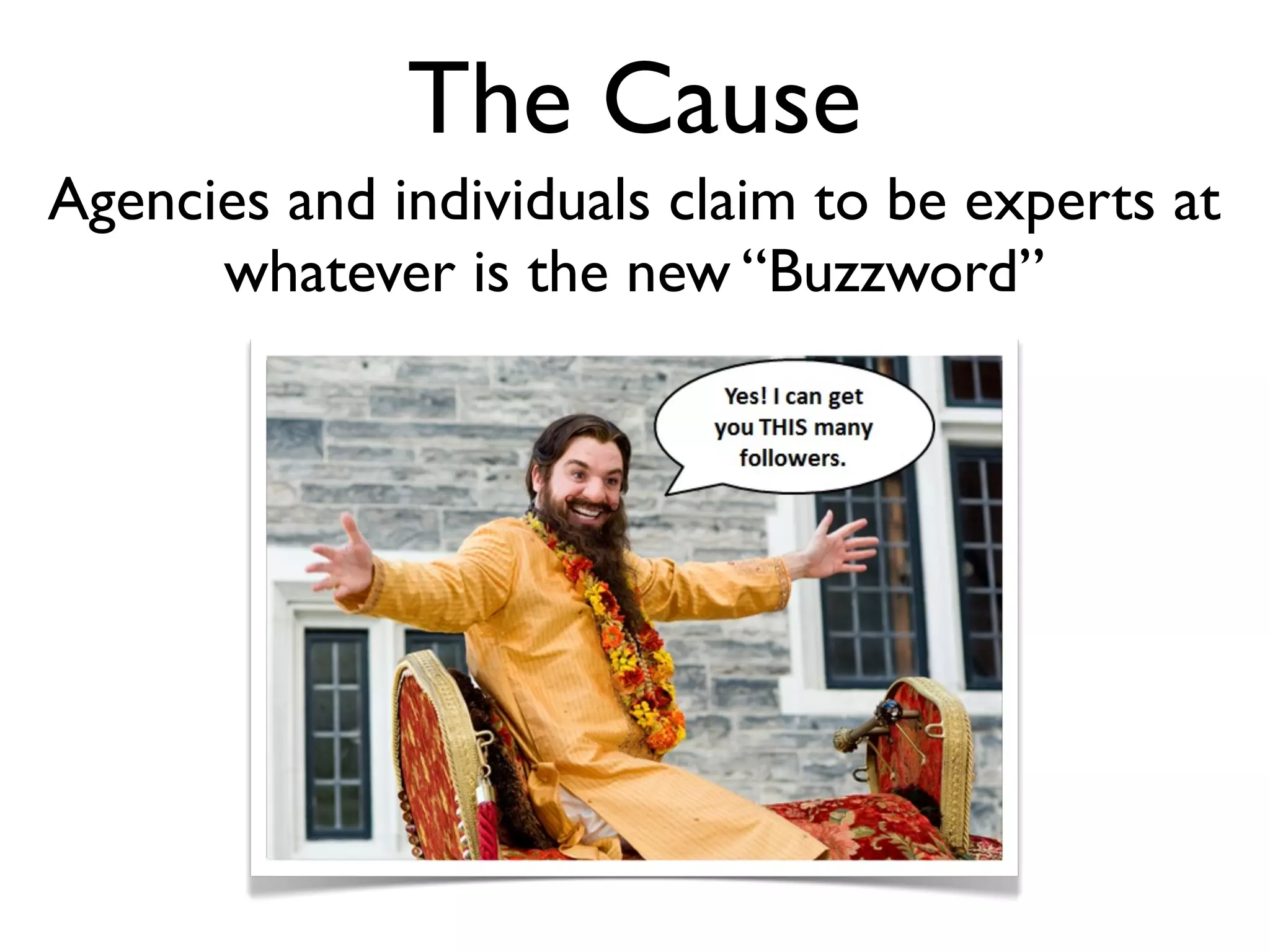 The Cause
Agencies and individuals claim to be experts at
      whatever is the new “Buzzword”
 