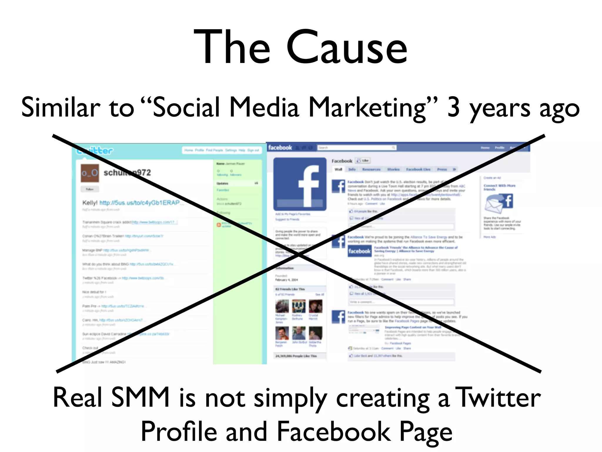 The Cause
Similar to “Social Media Marketing” 3 years ago




  Real SMM is not simply creating a Twitter
         Proﬁle and Facebook Page
 