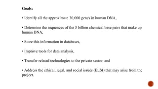 Goals:
• Identify all the approximate 30,000 genes in human DNA,
• Determine the sequences of the 3 billion chemical base pairs that make up
human DNA,
• Store this information in databases,
• Improve tools for data analysis,
• Transfer related technologies to the private sector, and
• Address the ethical, legal, and social issues (ELSI) that may arise from the
project.
 