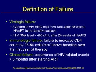 Definition of Failure Virologic failure:   Confirmed HIV RNA level > 50 c/mL after 48-weeks HAART (ultra-sensitive assay)  HIV RNA level > 400 c/mL after 24-weeks of HAART Immunologic failure:  failure to increase CD4 count by 25-50 cells/mm 3  above baseline over the first year of therapy Clinical failure:  occurrence of HIV related events  >  3 months after starting ART An Update and Review of Antiretroviral Therapy  Pharmacotherapy  2006;26(8):1111-33 