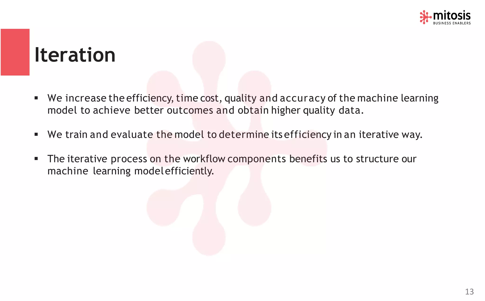 Iteration
▪ We increase the efficiency, time cost, quality and accuracy of the machine learning
model to achieve better outcomes and obtain higher quality data.
▪ We train and evaluate the model to determine its efficiency in an iterative way.
▪ The iterative process on the workflow components benefits us to structure our
machine learning modelefficiently.
13
 