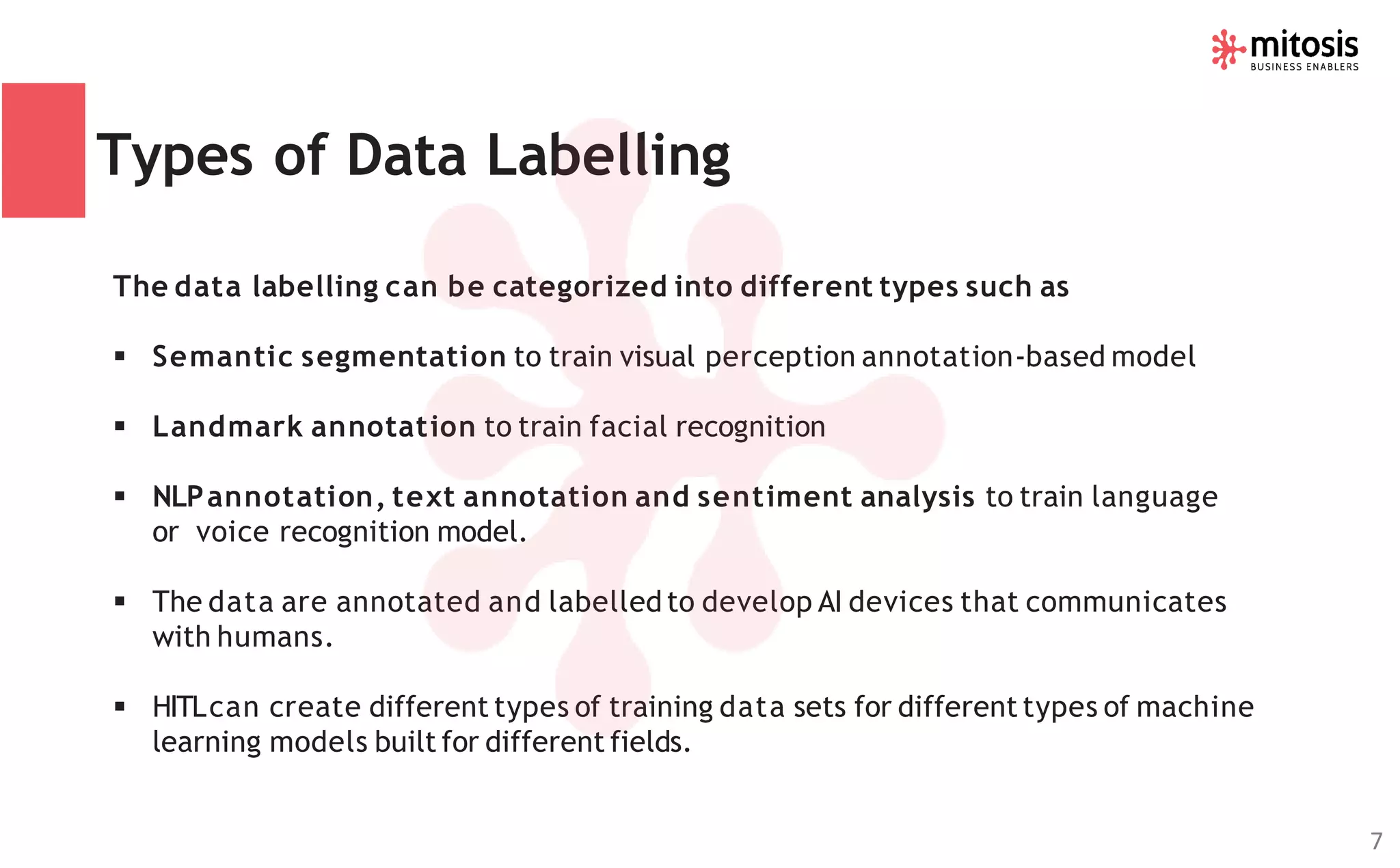 Types of Data Labelling
The data labelling can be categorized into different types such as
▪ Semantic segmentation to train visual perception annotation-based model
▪ Landmark annotation to train facial recognition
▪ NLPannotation, text annotation and sentiment analysis to train language
or voice recognition model.
▪ The data are annotated and labelled to develop AI devices that communicates
with humans.
▪ HITLcan create different types of training data sets for different types of machine
learning models built for different fields.
7
 