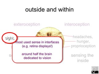 outside and within

      exteroception                    interoception


sight,
sight, sound,                           ...
