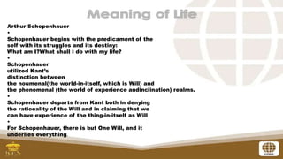 Arthur Schopenhauer
•
Schopenhauer begins with the predicament of the
self with its struggles and its destiny:
What am I?What shall I do with my life?
•
Schopenhauer
utilized Kant’s
distinction between
the noumenal(the world-in-itself, which is Will) and
the phenomenal (the world of experience andinclination) realms.
•
Schopenhauer departs from Kant both in denying
the rationality of the Will and in claiming that we
can have experience of the thing-in-itself as Will
•
For Schopenhauer, there is but One Will, and it
underlies everything.
 
