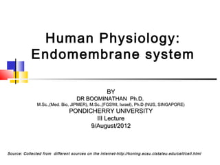 Human Physiology:
Endomembrane system
Source: Collected from different sources on the internet-http://koning.ecsu.ctstateu.edu/cell/cell.html
BYBY
DR BOOMINATHAN Ph.D.DR BOOMINATHAN Ph.D.
M.Sc.,(Med. Bio, JIPMER), M.Sc.,(FGSWI, Israel), Ph.D (NUS, SINGAPORE)M.Sc.,(Med. Bio, JIPMER), M.Sc.,(FGSWI, Israel), Ph.D (NUS, SINGAPORE)
PONDICHERRY UNIVERSITYPONDICHERRY UNIVERSITY
III LectureIII Lecture
9/August/20129/August/2012
 
