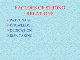 FACTORS OF STRONG RELATIONS PATRONAGE KNOWLEDGE DEDICATION RISK TAKING 