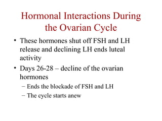 Hormonal Interactions During
the Ovarian Cycle
• These hormones shut off FSH and LH
release and declining LH ends luteal
activity
• Days 26-28 – decline of the ovarian
hormones
– Ends the blockade of FSH and LH
– The cycle starts anew
 