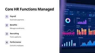 Core HR Functions Managed
1 Payroll
Automates payments.
2 Benefits
Manages enrollments.
3 Recruiting
Tracks applicants.
4 Performance
Evaluates employees.
 