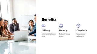 Benefits
Efficiency
Automated tasks save
time.
Accuracy
Reduced manual
errors.
Compliance
Ensures legal
adherence.
 