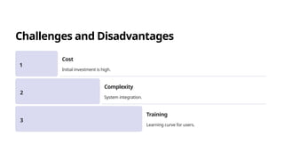 Challenges and Disadvantages
1
Cost
Initial investment is high.
2
Complexity
System integration.
3
Training
Learning curve for users.
 