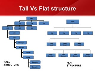 Tall Vs Flat structure
CMD
ED ED ED
GM GM GM
CM
CM
Manager
Manager
Officer
Officer
Executive
Executive
TALL
STRUCTURE
COO
PM PM PM PM
Team
Lead
Team
Lead
Team
Lead
Team
Member
Team
Member
Team
Member
Team
Member
FLAT
STRUCTURE
 