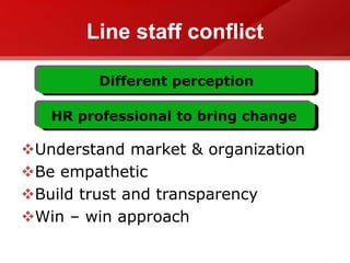 Line staff conflict
Different perception
HR professional to bring change
Understand market & organization
Be empathetic
Build trust and transparency
Win – win approach
 
