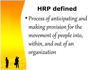 HRP defined
•Process of anticipating and
making provision for the
movement of people into,
within, and out of an
organization
 
