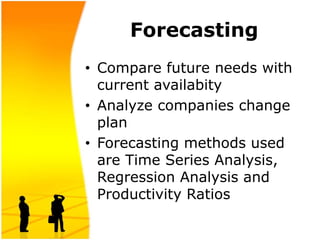 Forecasting
• Compare future needs with
current availabity
• Analyze companies change
plan
• Forecasting methods used
are Time Series Analysis,
Regression Analysis and
Productivity Ratios
 