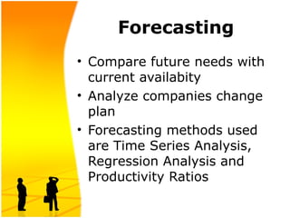 Forecasting
• Compare future needs with
current availabity
• Analyze companies change
plan
• Forecasting methods used
are Time Series Analysis,
Regression Analysis and
Productivity Ratios
 