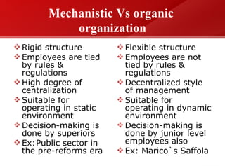 Mechanistic Vs organic  organization Rigid structure Employees are tied by rules & regulations High degree of centralization Suitable for operating in static environment Decision-making is done by superiors Ex: Public sector in the pre-reforms era Flexible structure Employees are not tied by rules & regulations Decentralized style of management Suitable for operating in dynamic environment Decision-making is done by junior level employees also Ex: Marico`s Saffola 