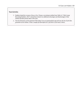 Team Activities
1. Students should be in teams of four or five. Choose a recruitment method from Table 4.2 “Tally Group
Recruiting Numbers, 2012” and perform research on additional advantages and disadvantages of that
method and then present ideas to the class.
2. Visit the Dictionary of Occupational Titles (http://www.occupationalinfo.org) and view the list of job titles
presented on the website. Create a sample job description for a job title of your team’s choice.
4.4 Cases and Problems 109
 